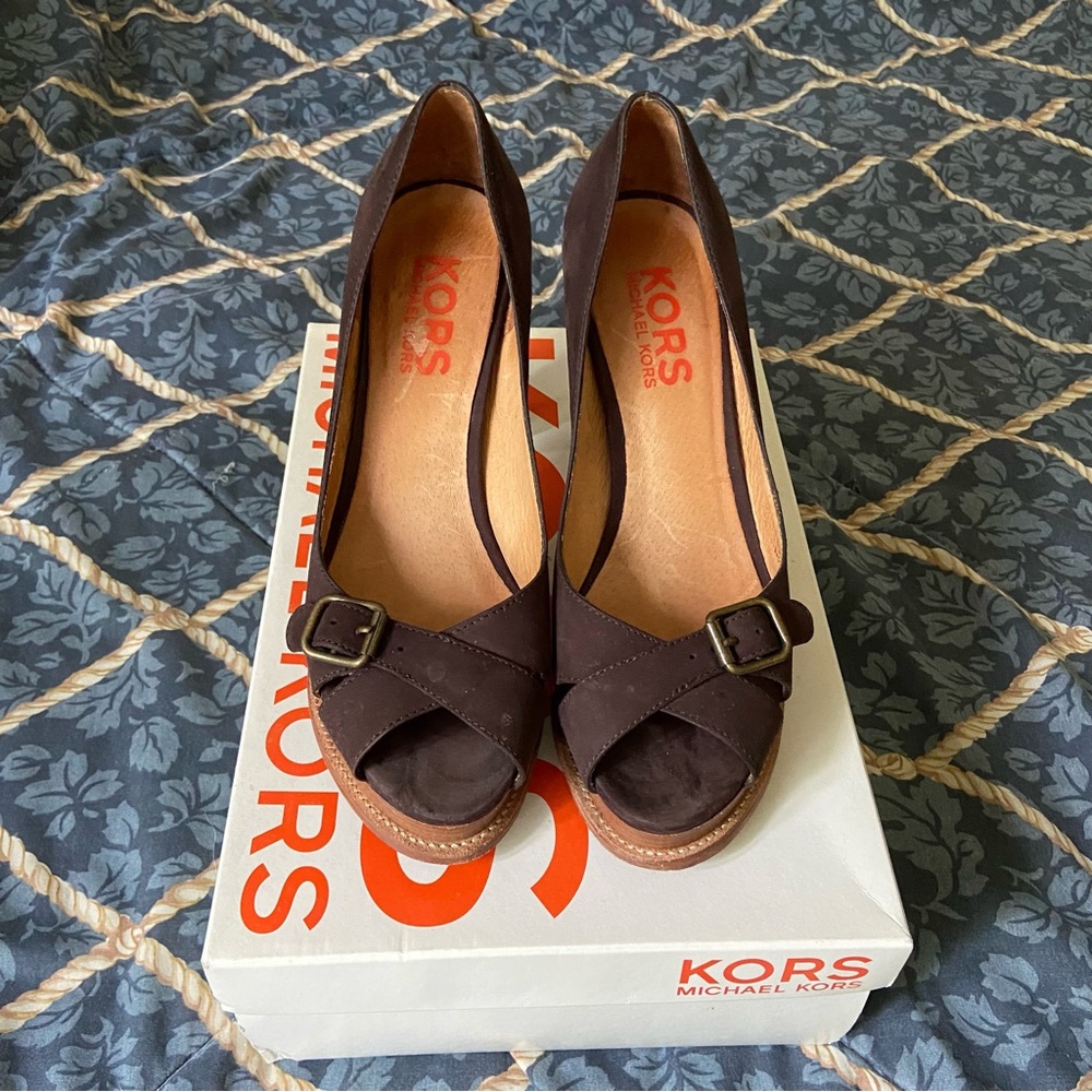 Michael Kors high heel open toe brown suede shoes